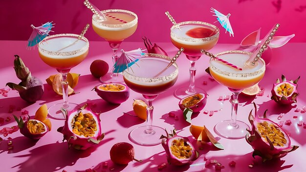 Foto de roze exotische cocktails en fruit op roze