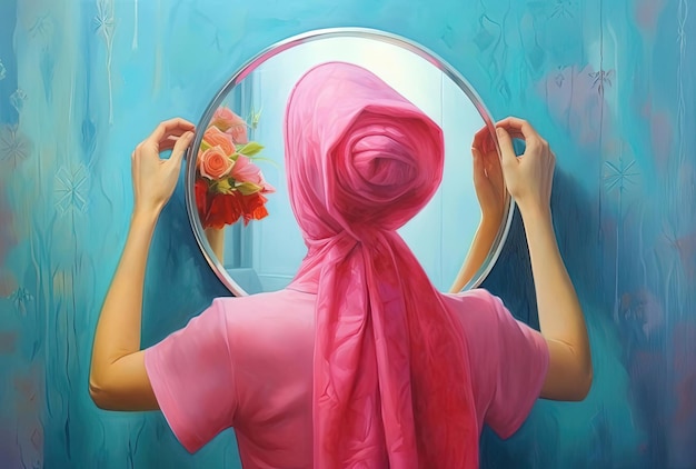 Foto de roze handdoek gewassen door een vrouw in de badkamer in de stijl van een solariserende meester