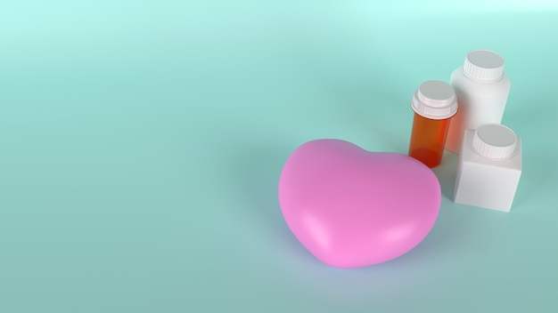 De roze hart en medicijnfles voor het 3d teruggeven van de gezondheidsinhoud.