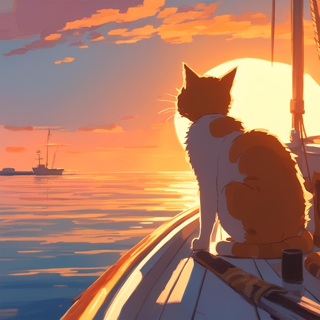 De rug van een kat die naar de zonsondergang kijkt op een boot Gouden verhouding vals detail Trending Pixiv Fanbox A