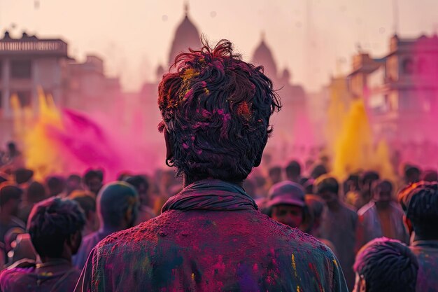 De rug van een man bedekt met Holi-kleuren, te midden van een menigte gehuld in een waas van roze poeder