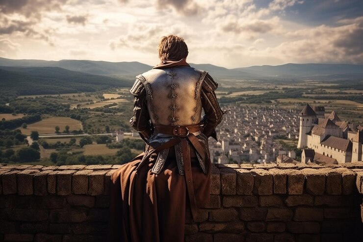 Foto de rug van iemand die een middeleeuws harnas draagt op een kasteeltoren met uitzicht op een uitgestrekt koninkrijk