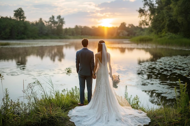 de rug van jonge bruid en bruidegom die hand in hand staan bij het meer in het veld in de natuur op de trouwdag bij zonsondergang