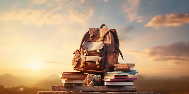 De rugzak staat op een toren van boeken tegen de zonsonderganghemel