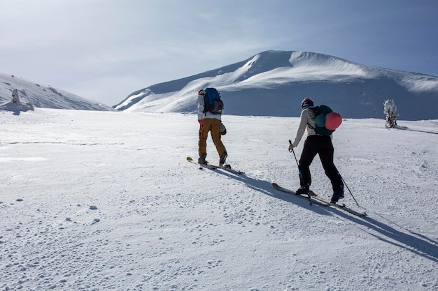 De ruige schoonheid van de winterbergen dient als de perfecte achtergrond voor een groep skiërs die gretig naar boven klimmen, hun ogen gericht op de ongerepte hellingen voor hen