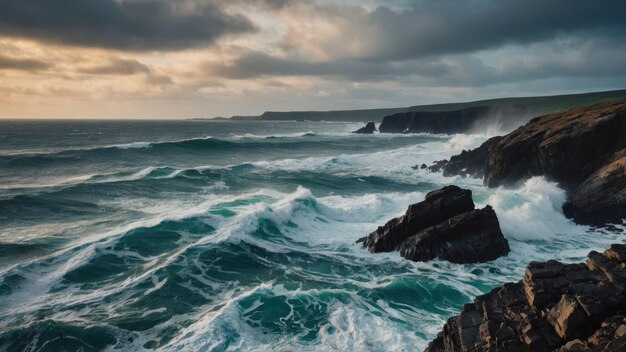 de ruige schoonheid van een rotsachtige kustlijn die wordt geslagen door botsende golven