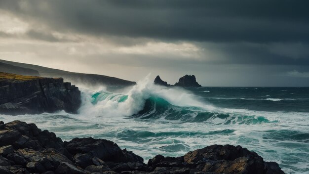 de ruige schoonheid van een rotsachtige kustlijn die wordt geslagen door botsende golven