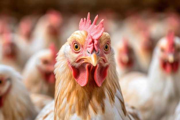 De ruime en goed georganiseerde omgeving van een moderne kippenboerderij met een close-up van een kippenhok Generatieve AI