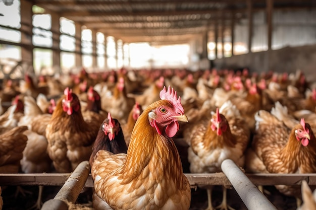 De ruime en goed georganiseerde omgeving van een moderne kippenboerderij met een close-up van een kippenhok Generatieve AI