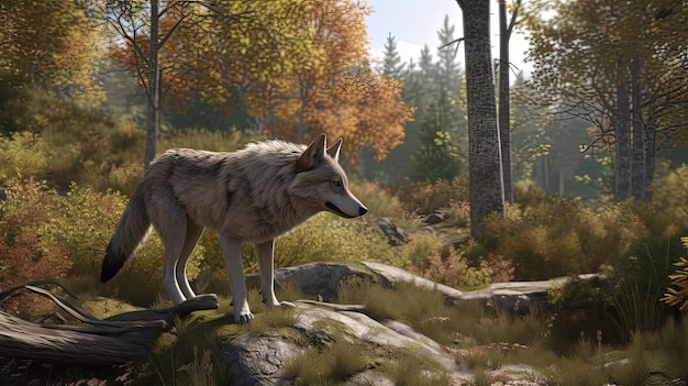 De ruime wolvenhabitat is een toevluchtsoord voor deze magnifieke wezens en biedt ze voldoende ruimte om te verkennen en te spelen in het midden van een weelderig boslandschap Gegenereerd door AI