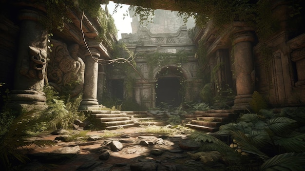 De ruïnes van een tempel worden getoond in deze screenshot.