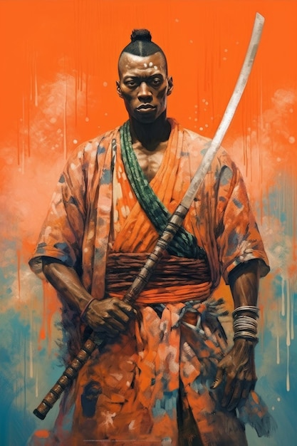 De samurai-man houdt een zwaard vast