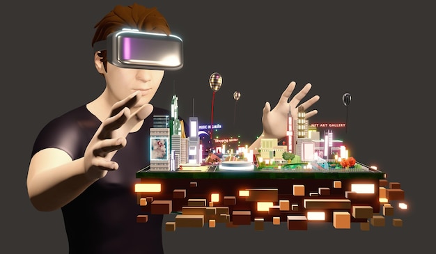 De sandbox Land Gamers Speel games via VR-brillen, verhandel sandbox-land en Metaverse 3D-illustratie