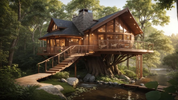 De scène toont een charmante boomhut, gelegen op een idyllisch terras midden in de rustige bossen