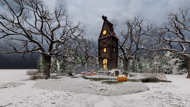 De scène van het spookhuis in het bos op Halloween
