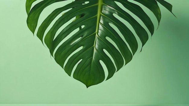 De schaduw van een tropisch blad monstera op een lichtgroene achtergrond op de linker kopie ruimte