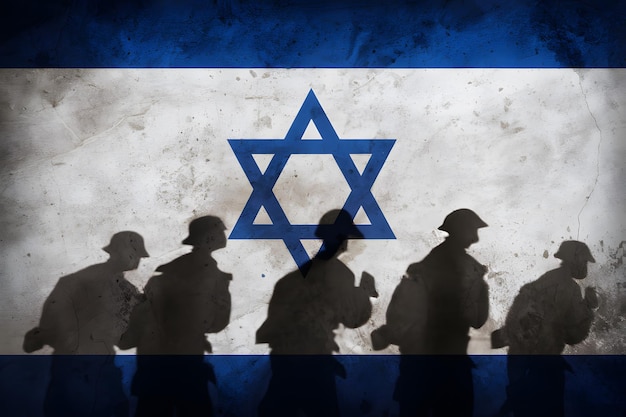 De schaduw van soldaten valt op de Israëlische vlag die het conflict symboliseert.