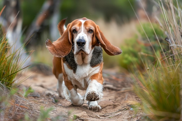 De schattige Basset Hound loopt buiten in een natuurlijke omgeving met fladderende oren en een intense blik