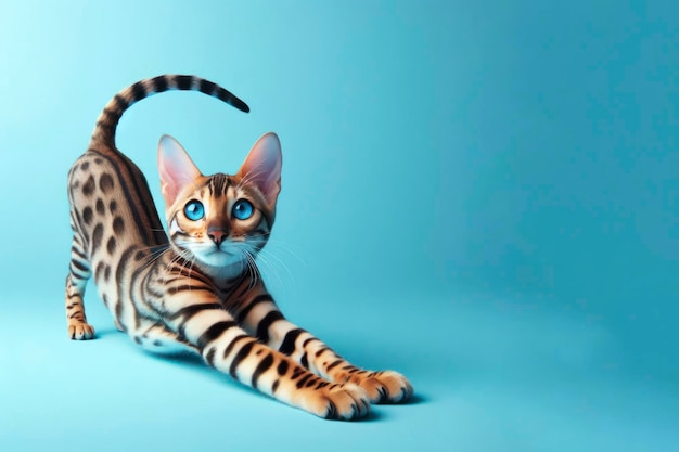 De schattige Bengaalse kat strekt zich sierlijk uit met zijn slanke lichaam en opvallende blauwe ogen tegen een kleurrijke achtergrond