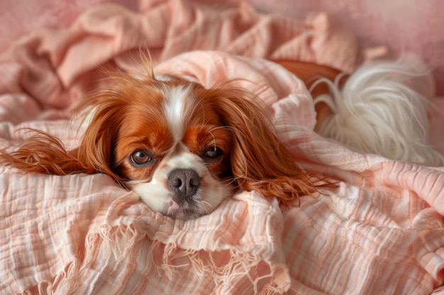 De schattige Cavalier King Charles Spaniel rust op een zachte roze deken in een gezellige thuisomgeving.