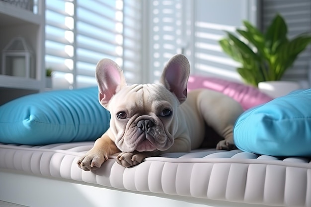De schattige Franse bulldog ligt op een zachte witte bank op een wazige achtergrond in de woonkamer.