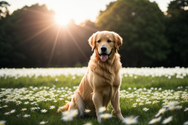 Foto de schattige hond ligt op het gras en speelt met bloemen golden labrador slimme trouwe grote hond