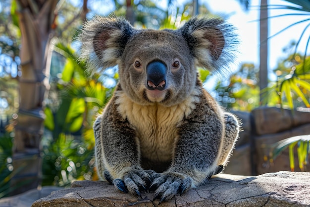 De schattige koala zit op een boomstam in een weelderig groen toevluchtsoord met een vreemde en pluizige uitdrukking