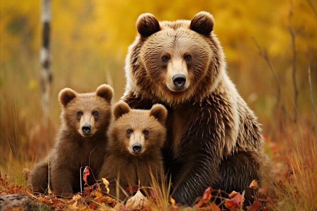 De schattige moeder grizzlybeer en haar welp verkennen het betoverende bosgebied