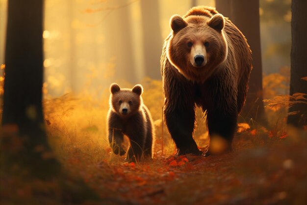 De schattige moeder grizzlybeer en haar welp verkennen het betoverende bosgebied