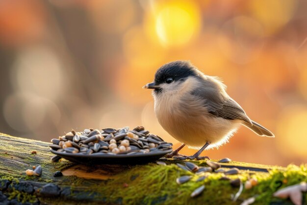 De schattige moerassche Parus palustris eet zaden.