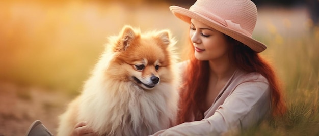 de schattige roodharige vrouw in een hoed met een spitz hond die in het park ligt