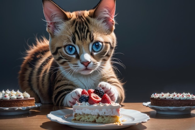 De schattige Siamese kitten's taart avontuur Een blik van verrassing