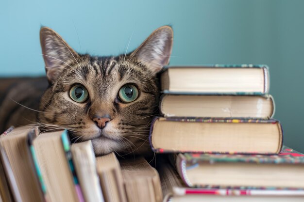 De schattige Tabby-kat kijkt uit achter een stapel oude boeken op een houten bureau.