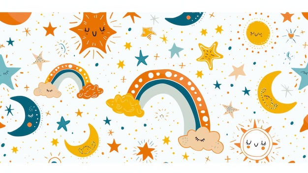 De schattigste kinderkamer patronen set met een hemel halve maan sterren regenboog en zon Moderne illustratie set ontworpen om te passen aan elk geslacht
