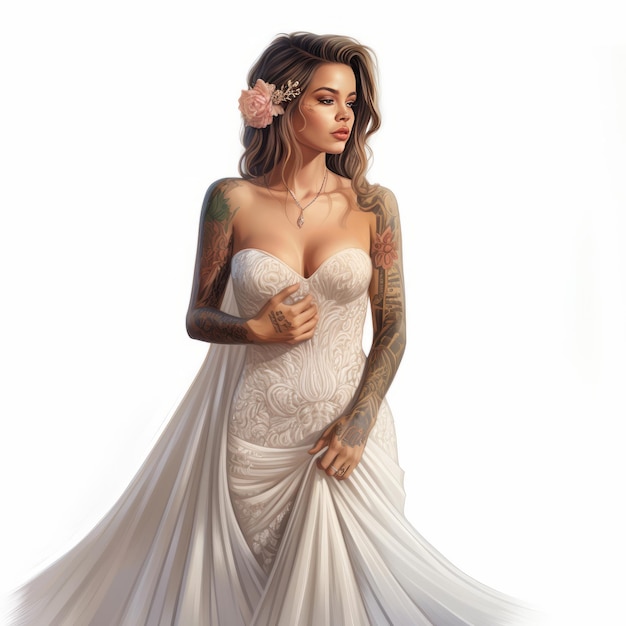 De scherpe elegantie Een supermooi, stoute meid met tatoeages straalt artistieke flair uit in een trouwjurk