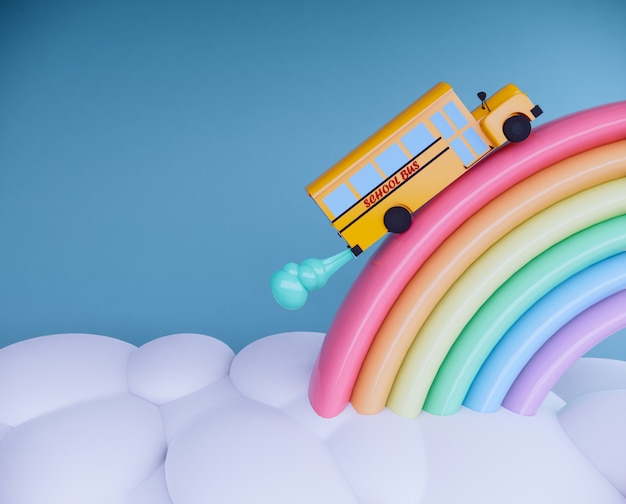 De schoolbus op 3d regenboog geeft terug.