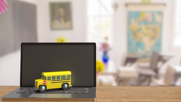 De schoolbus op laptop voor e learning concept 3D-rendering