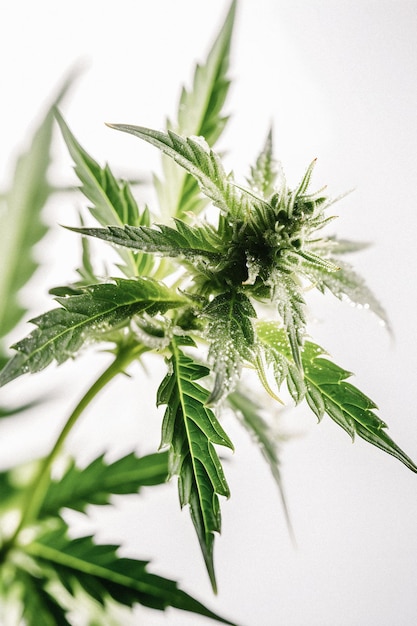 De schoonheid van cannabis Een verbluffende close-up van een Sativa-knop op een witte achtergrond