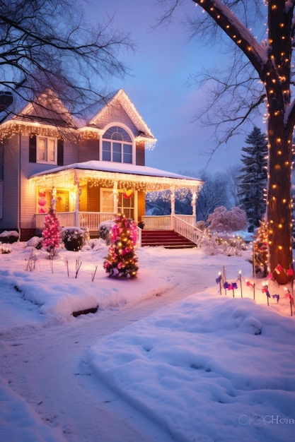 De schoonheid van de kerstverlichting 's nachts Het huis is versierd met kleurrijke lichten