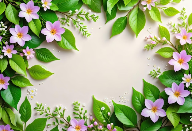de schoonheid van de lente met een achtergrond versierd met delicate bladeren en kleine bloemen
