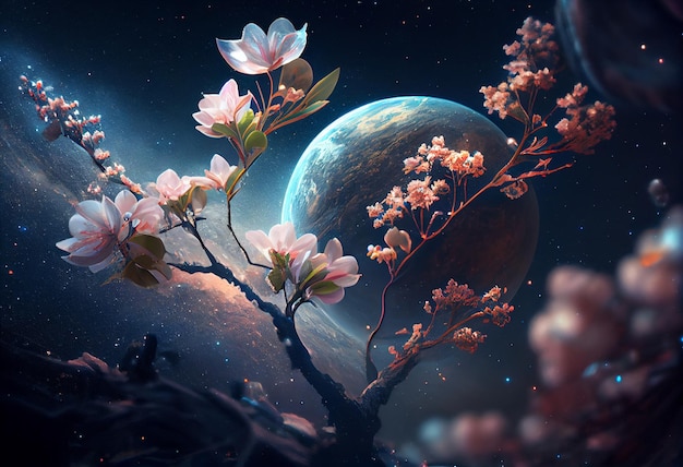 De schoonheid van de maan gekoesterd met Cherry Blossoms AI Generated