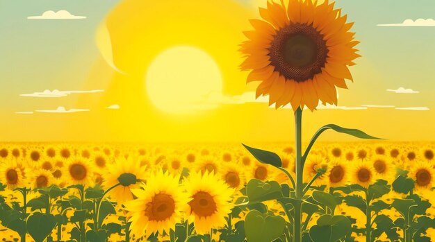 De schoonheid van de natuur omarmen Zonnebloemveld tekenen tegen een betoverende zonsonderganghemel