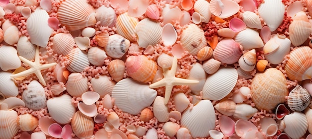 Foto de schoonheid van de natuur perzik fuzz en koraal schelpen perfect gerangschikt op een zandstrand