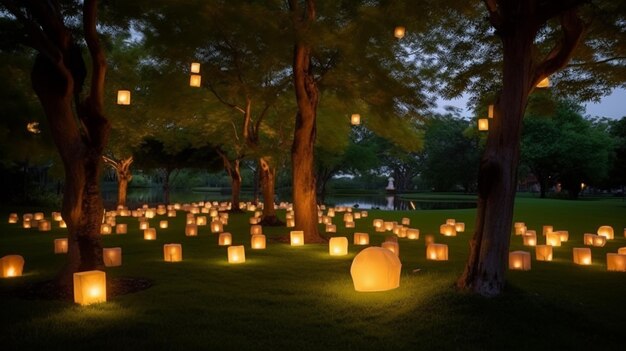 De schoonheid van de natuur wordt verlicht door gloeiende lantaarns in een romantische buitenomgeving 7