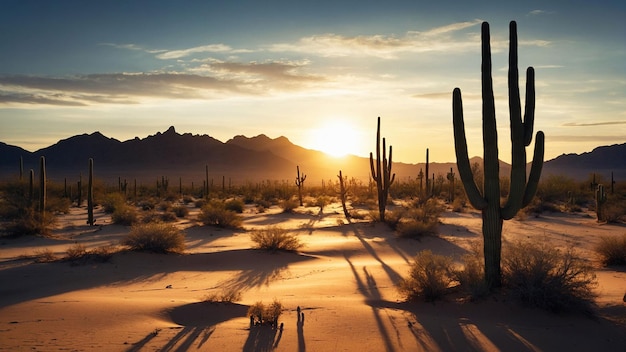 De schoonheid van de woestijn als de zon ondergaat onder de horizon en lange schaduwen van cactussen werpt op het zand.
