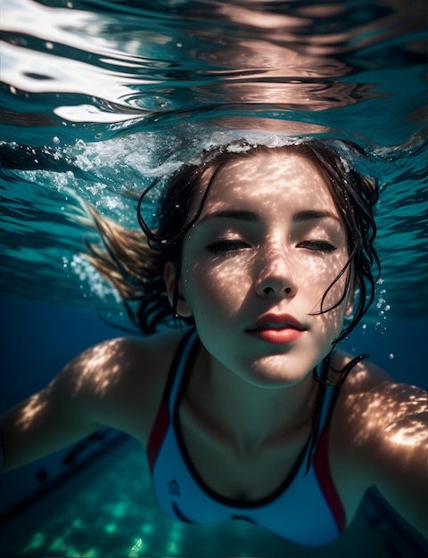 De schoonheid van een Amerikaanse vrouw in een zwemfoto