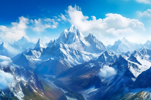 De schoonheid van een majestueuze en met sneeuw bedekte bergketen met ruige toppen AI Generative