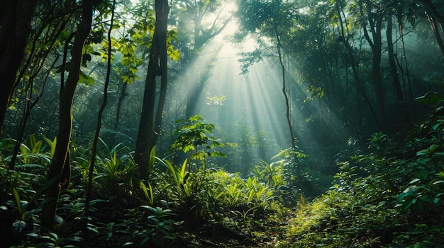 De schoonheid van het zonlicht dat door de bomen in het bos filtert