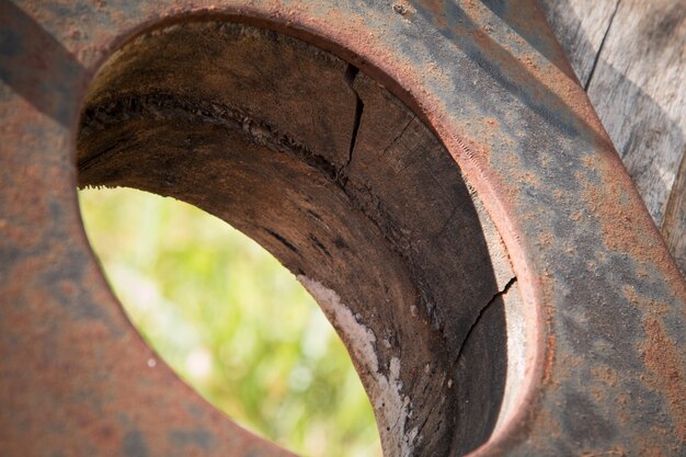 De schroefmoer is roest op oude houten vloer.