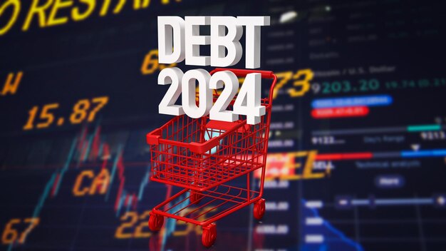 De schuld 2024 in supermarktkar voor bedrijfsconcept 3d-rendering